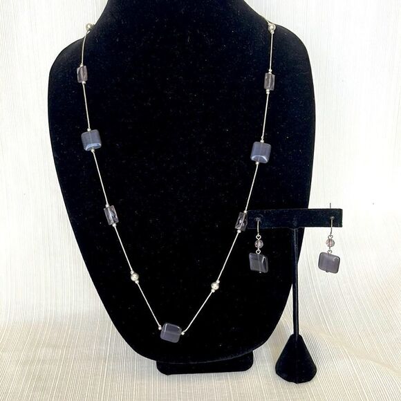 Long Silver Tone and Smoky Gray Crystal Necklace with Earring Set - Picture 1 of 7